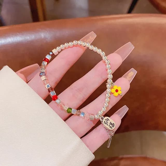 【Umi】ins風彩色水晶串珠花朵手鍊小眾設計感招財納福閨蜜手環258(銀色)