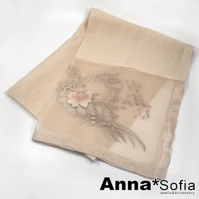 【AnnaSofia】真絲羊毛混紡大尺寸披肩絲巾圍巾-富貴繡花 現貨(杏駝系)
