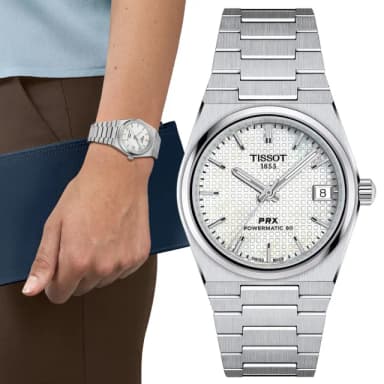 【TISSOT 天梭 官方授權】PRX系列 復古風酒桶型淑女機械錶-35mm 情人節 禮物(T1372071111100)