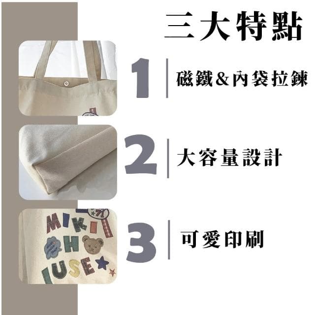 【外出攜帶】母親節禮物 ins可愛字母小熊大容量帆布托特包(單肩包 購物袋 環保袋 手提袋 收納袋