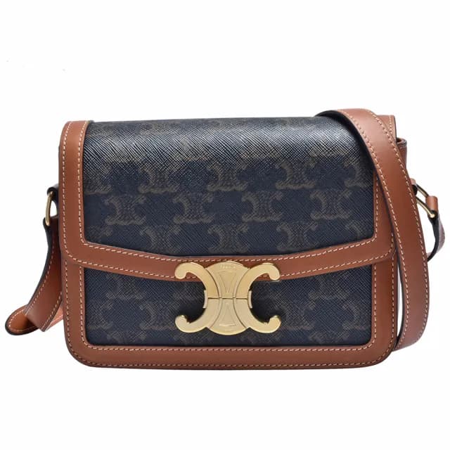 【CELINE】TRIOMPHE系列帆布小牛皮飾邊釦式肩背包(焦糖色188882BZ4.04LU)