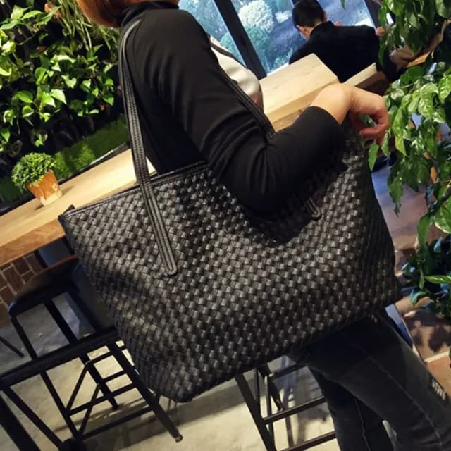【LEESA】父親節禮物 編織包\大容量托特包\韓國包包\手工包包\編織托特包\購物包\黑色包包\通勤包\生日禮物