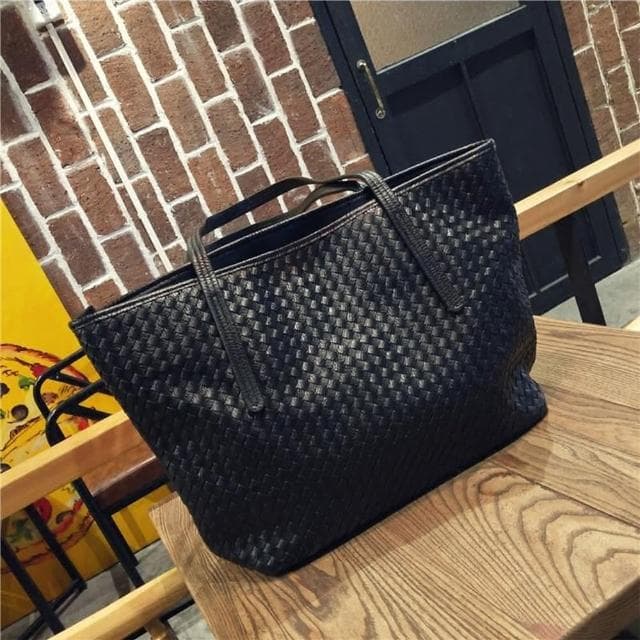 【LEESA】母親節禮物 編織包\大容量托特包\韓國包包\手工包包\編織托特包\購物包\黑色包包\通勤包\生日禮物