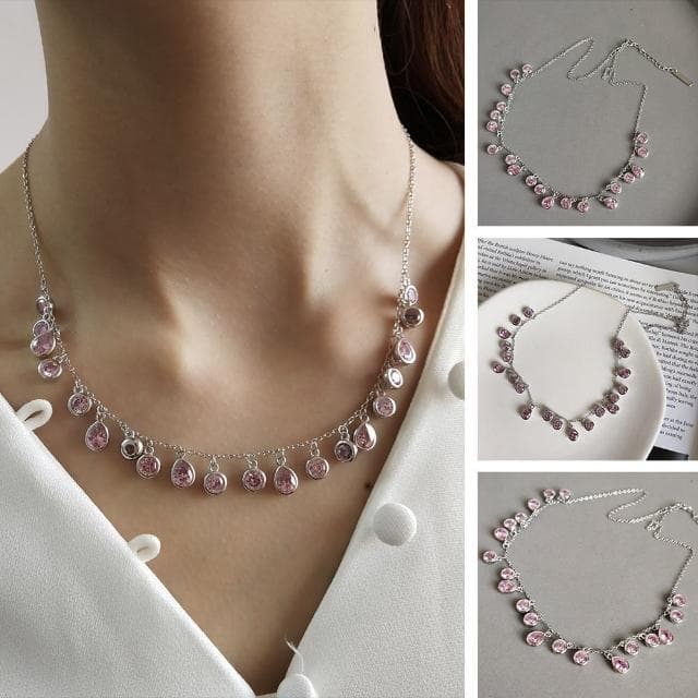 【MoonDy】母親節禮物 歐美飾品 純銀項鍊 水滴項鍊 鋯石項鍊 女生項鍊 長項鍊 粉色鋯石項鍊 鑽石項鍊 晚宴