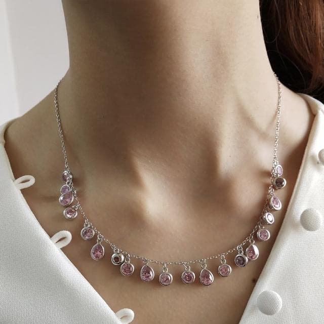 【MoonDy】母親節禮物 歐美飾品 純銀項鍊 水滴項鍊 鋯石項鍊 女生項鍊 長項鍊 粉色鋯石項鍊 鑽石項鍊 晚宴