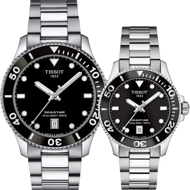【TISSOT 天梭 官方授權】海洋之星潛水對錶 情侶手錶 禮物(T1204101105100+T1202101105100)