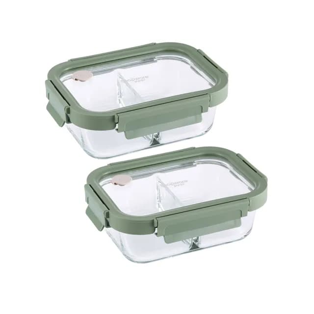 【CorelleBrands 康寧餐具】文青款分隔長方形全可拆玻璃保鮮盒640ml二入組(上蓋可微波)