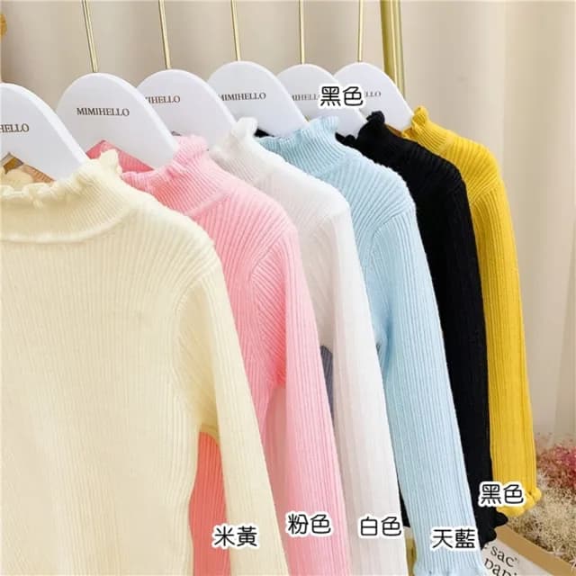 【橘魔法】捲捲花邊直條針織毛衣(長袖上衣 內搭衣 內搭衫 打底衫 大童 女童 童裝)