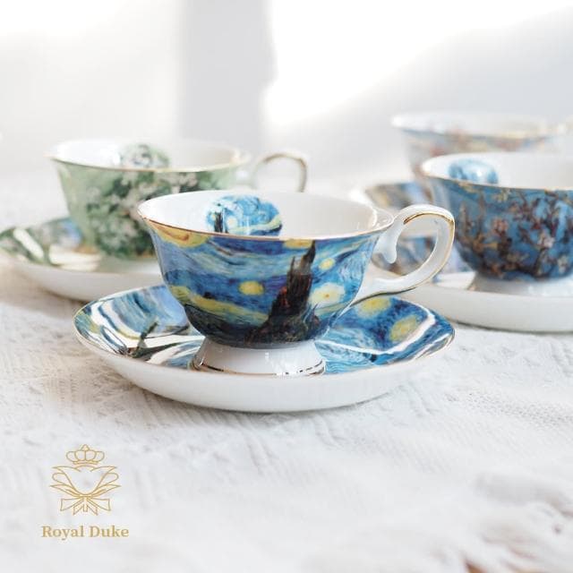 【Royal Duke】梵谷油畫-骨瓷五杯五碟禮盒組(杯子 馬克杯 咖啡杯 入厝禮 喬遷 杯 交換禮物)