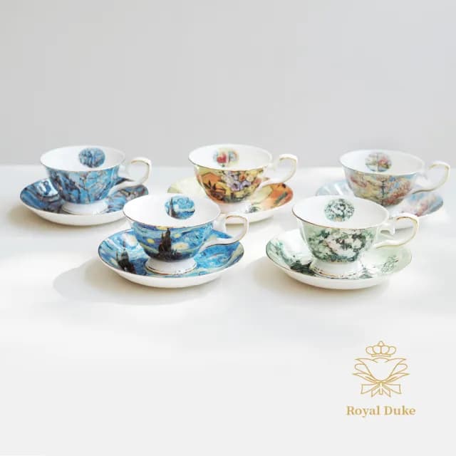 【Royal Duke】梵谷油畫-骨瓷五杯五碟禮盒組(杯子 馬克杯 咖啡杯 入厝禮 喬遷 杯 交換禮物)