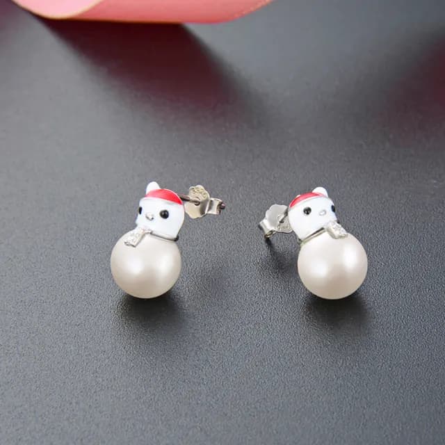 【925 STARS】純銀925可愛聖誕小雪人造型珍珠耳環(純銀925耳環 聖誕耳環 雪人耳環)