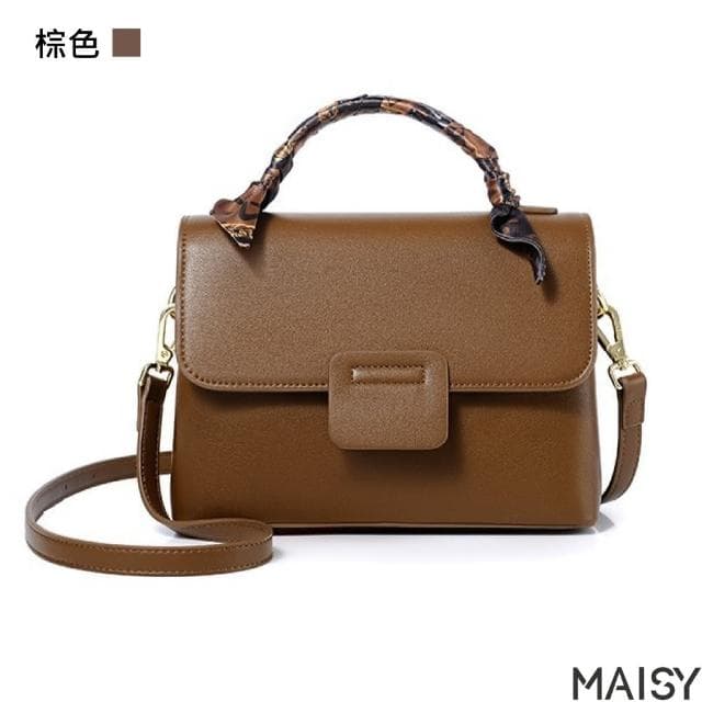 【MAISY】母親節禮物 質感精美撞色絲巾百搭單肩手提包(棕色／卡其色／米色／黑色)