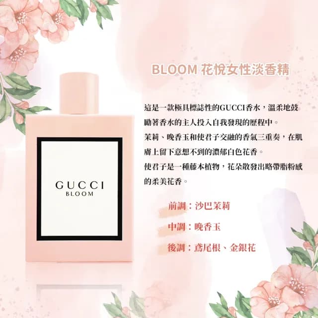 【GUCCI 古馳】BLOOM花悅女性淡香精 100ml(國際航空版)
