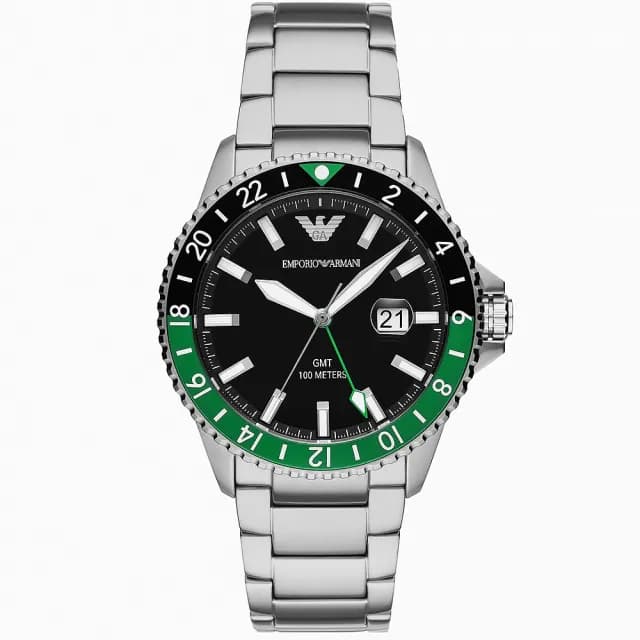 【EMPORIO ARMANI】亞曼尼 Diver 黑綠撞色GMT手錶-42mm 禮物 送禮 推薦(AR11589)
