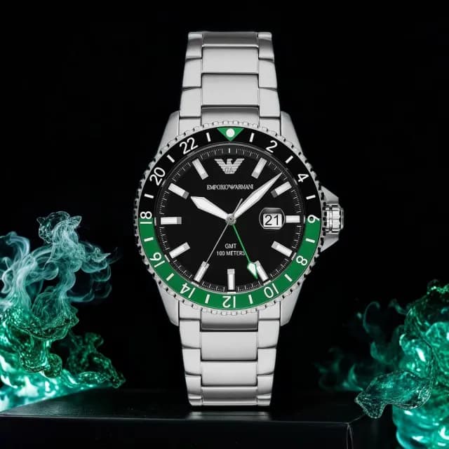 【EMPORIO ARMANI】亞曼尼 Diver 黑綠撞色GMT手錶-42mm 禮物 送禮 推薦(AR11589)