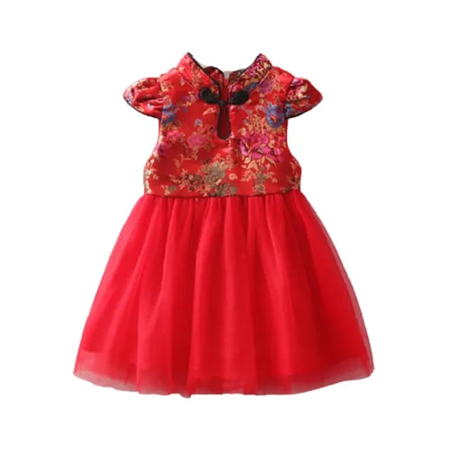 【橘魔法】彩色牡丹旗袍小包袖中國結拼接紗裙洋裝(連衣裙 旗袍 童裝 過年 喜宴 週歲 新年裝 女童 拜年服)