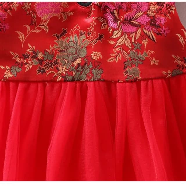 【橘魔法】彩色牡丹旗袍小包袖中國結拼接紗裙洋裝(連衣裙 旗袍 童裝 過年 喜宴 週歲 新年裝 女童 拜年服)