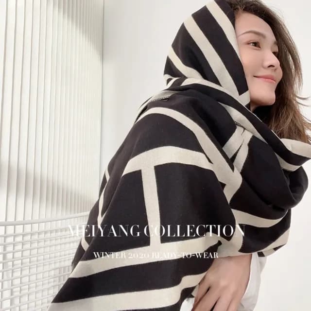 【HaNA 梨花】韓國几何黑白羊絨法式香頌長圍巾(圍脖 脖圍 圍巾)