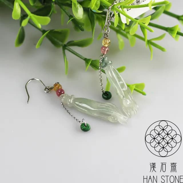 【漢石齋】情人節禮物 天然A貨 冰玻種翡翠 如意佛手K金耳環(28*8*4mm*2)