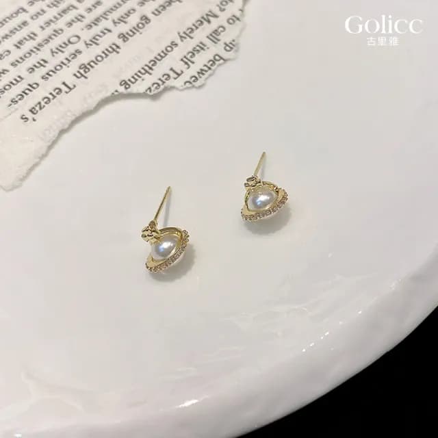 【Golicc】耳環 氣質微鑲 十字架 珍珠(99購物限定 生日 飾品 耳釘 耳飾 耳墜 禮物)