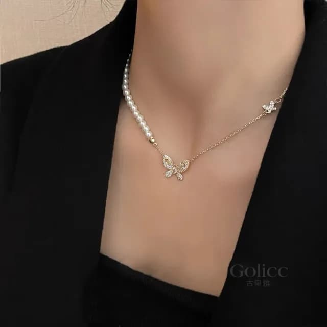 【Gulicc】項鍊 輕奢 珍珠蝴蝶 鑲鑽氣質 鎖骨鍊(雙11 聖誕節 生日 鎖骨鍊 項鍊 飾品 禮物)