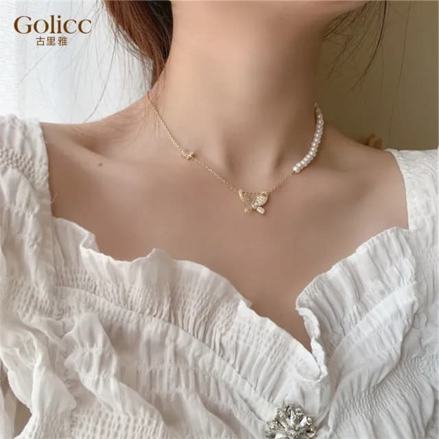 【Gulicc】項鍊 輕奢 珍珠蝴蝶 鑲鑽氣質 鎖骨鍊(雙11 聖誕節 生日 鎖骨鍊 項鍊 飾品 禮物)