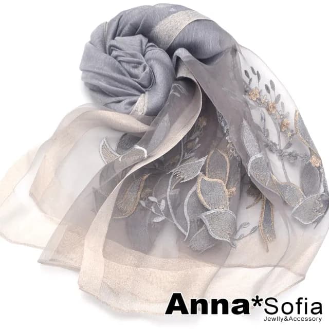 【AnnaSofia】真絲羊毛混紡大尺寸披肩絲巾圍巾-揚葉織花 現貨(銀灰系)