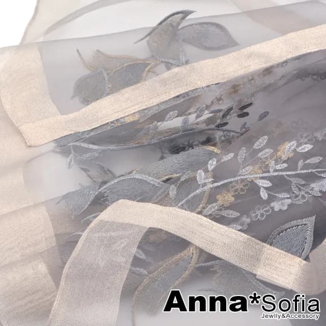 【AnnaSofia】真絲羊毛混紡大尺寸披肩絲巾圍巾-揚葉織花 現貨(銀灰系)