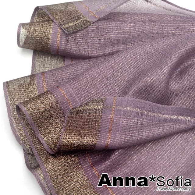 【AnnaSofia】仿真絲大尺寸披肩絲巾圍巾-金絲直紋線 現貨(藕紫粉系)