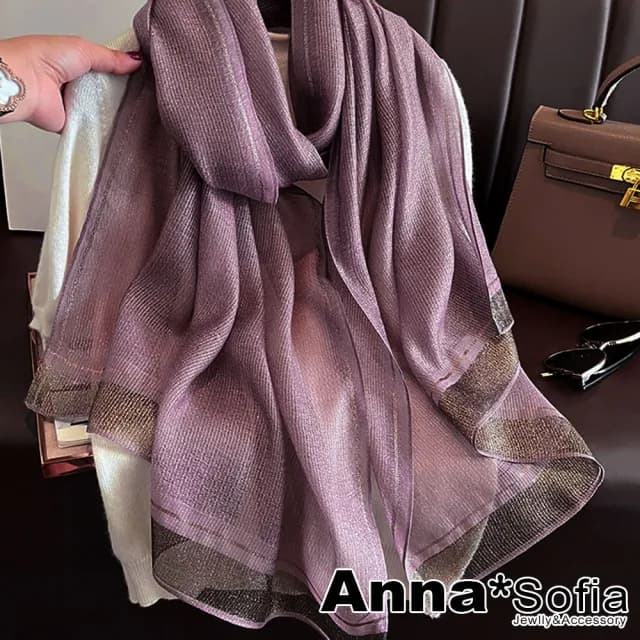 【AnnaSofia】仿真絲大尺寸披肩絲巾圍巾-金絲直紋線 現貨(藕紫粉系)