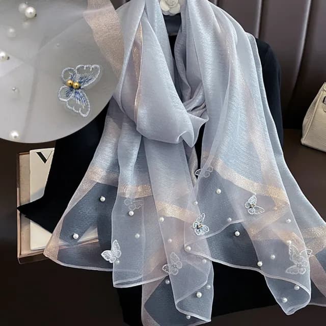 【AnnaSofia】真絲羊毛混紡大尺寸披肩絲巾圍巾-立體蝶飛手工釘珠 現貨(灰系)