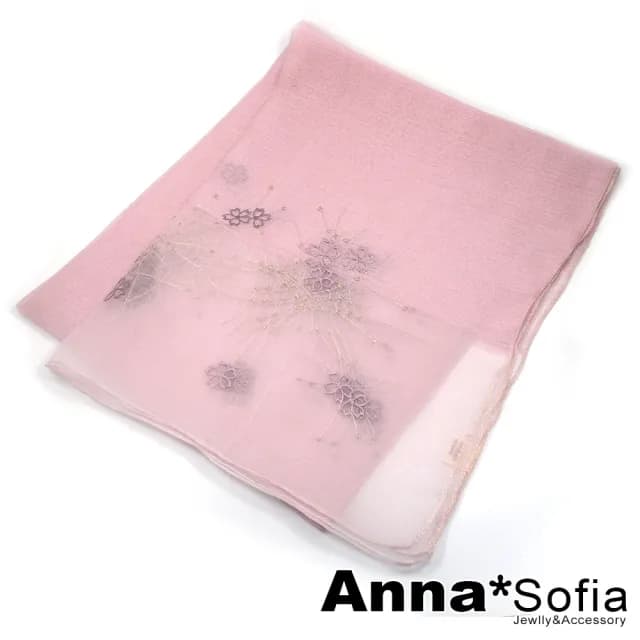 【AnnaSofia】真絲羊毛混紡大尺寸披肩絲巾圍巾-櫻花繡閃絲 現貨(粉系)