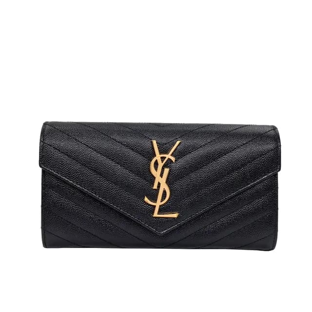 【YSL】372264 黑 金字(V紋荔枝牛皮 扣式長夾)