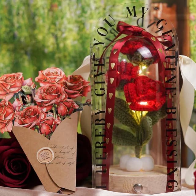 【Forrest 森憩】針織玫瑰花夜燈-母親節禮盒(媽媽禮盒送媽媽禮物老婆禮物生日禮物永生花玻璃罩小夜燈花燈)