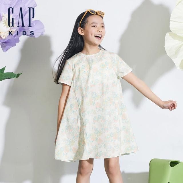 【GAP】女童裝 Logo純棉圓領短袖洋裝-多彩印花(890493)