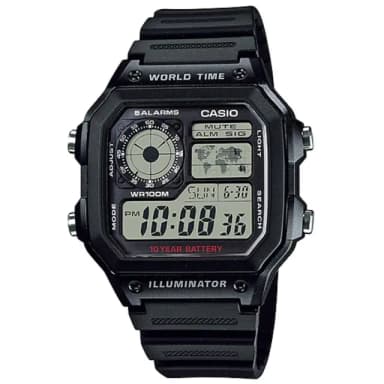 【CASIO 卡西歐】學生錶 10年電力復古風世界地圖計時手錶-黑 送禮 禮物 推薦(AE-1200WH-1A)