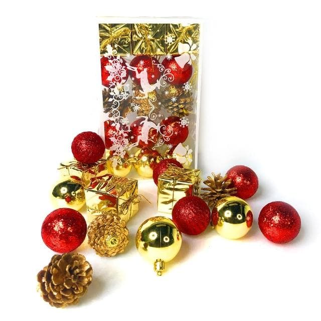 【摩達客】聖誕50mm/5CM/紅金系30入吊飾組/松果禮物盒球飾(聖誕樹裝飾球飾掛飾/本島免運)