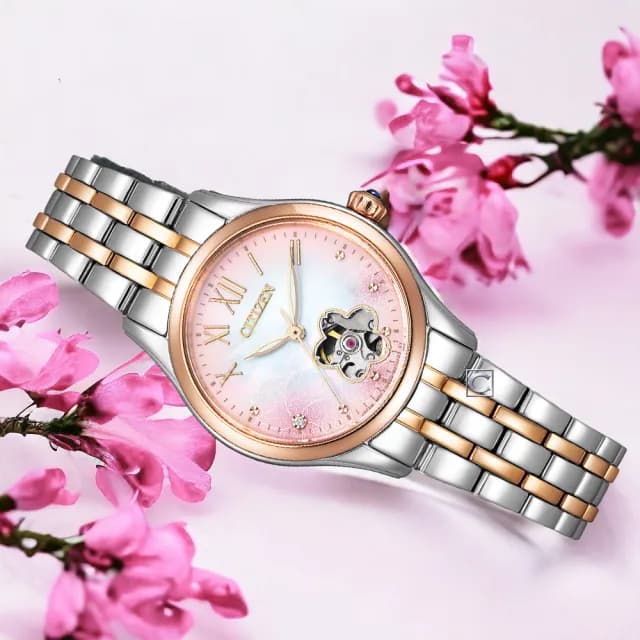 【CITIZEN 星辰】LADYS系列 優雅櫻花鏤空 機械錶 女錶 手錶 28.5mm 禮物 推薦(PR1044-87Y)