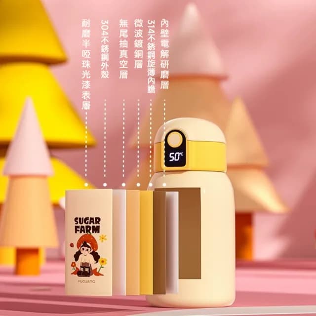 【FUGUANG 富光】半糖系列黃色真空顯溫吸管杯500ml(保溫杯 吸管杯 便攜杯 學生水壺 生日禮物)