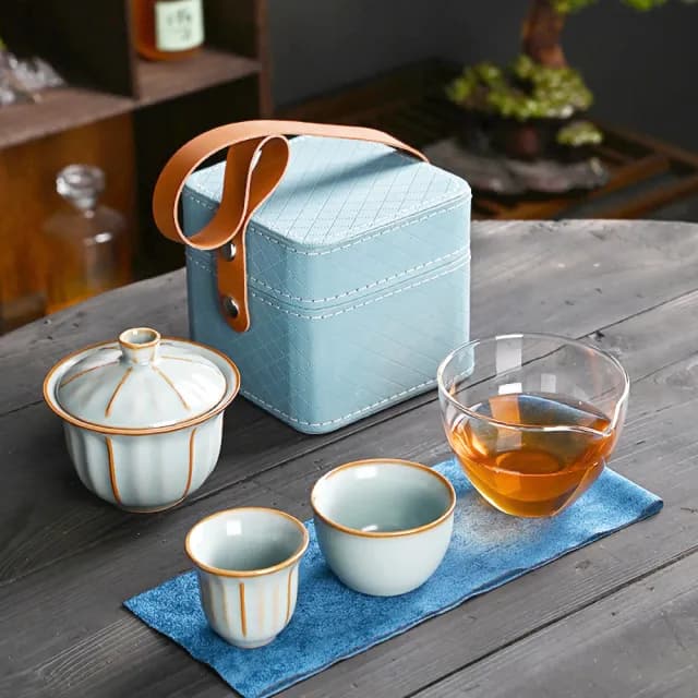 【愜意品茶】日系簡約皮盒便攜一壺兩杯茶具組(泡茶 沖茶 茶器 公道杯 茶藝 露營 旅行 送禮 功夫茶具)