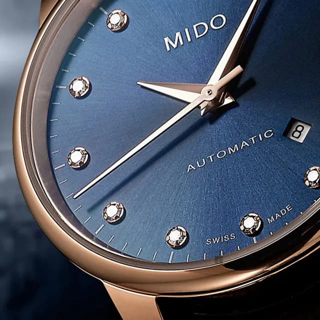 【MIDO 美度】官方授權 永恆系列午夜藍真鑽機械女錶-藍x咖啡錶帶/29mm 手錶 禮物 推薦(M76003658)