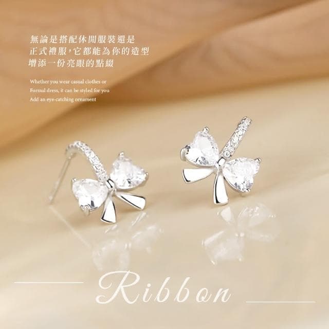 【閃閃發亮】韓系氣質S925純銀鑲鑽蝴蝶結耳環(耳飾 耳圈 耳釘 耳扣 耳墜 飾品 耳朵配件 造型 穿搭)