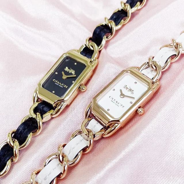 【COACH】官方授權經銷商 Cadie 馬車長方皮革鍊帶 類八角 小香女錶-17.5mm 情人節 禮物(14504281)