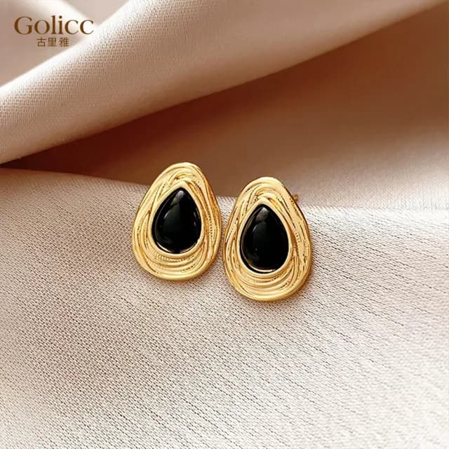【Golicc】耳環 中古 黑金色系 輕奢(99購物限定 生日 飾品 耳釘 耳飾 耳墜 禮物)