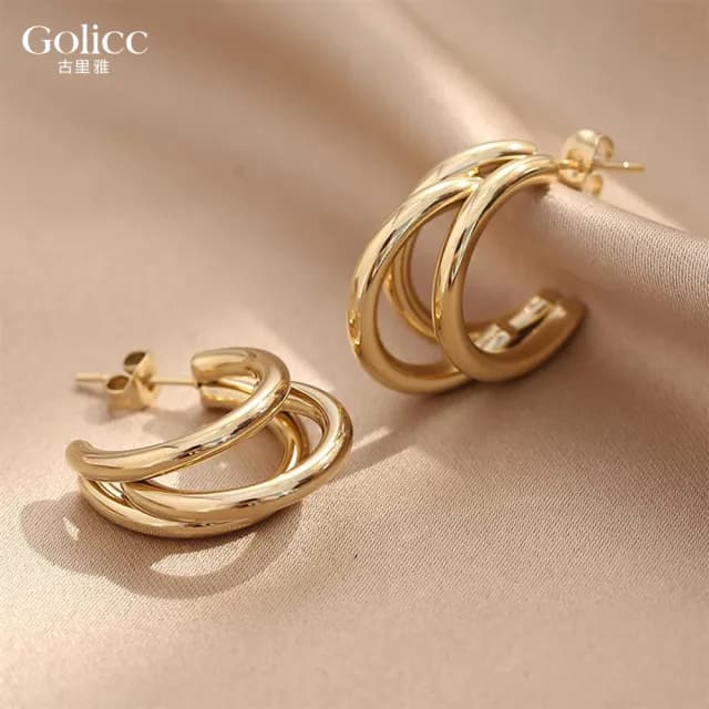 【Golicc】耳環 金色多層次 幾何圓(七夕 情人節 生日 飾品 耳釘 耳飾 耳墜 禮物)