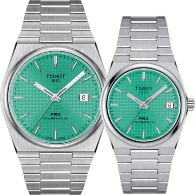 【TISSOT 天梭 官方授權】PRX機械對錶 情侶手錶-薄荷綠 男錶 畢業 禮物(T1374071109101+T1372071109101)