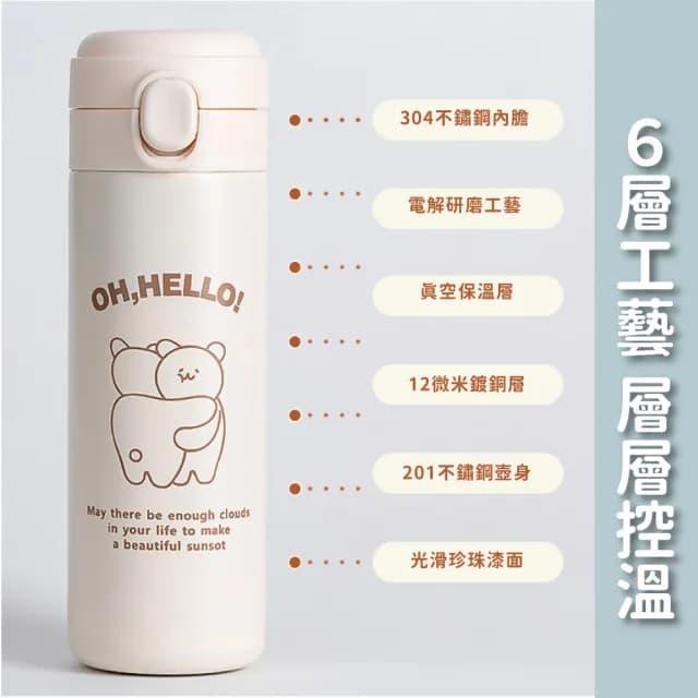 【隨身攜帶】可愛熊保溫杯420ml-附手提袋(兒童彈蓋水壺 學生 保溫瓶 運動水壺 直飲杯 飲料環保杯 禮物)