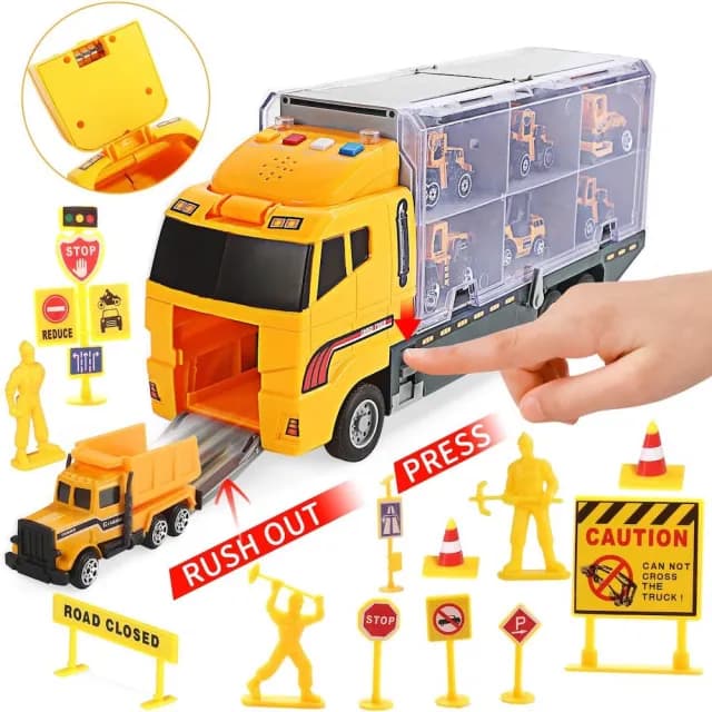 【CuteStone】兒童工程小汽車與聲光運輸車海鷗號套裝玩具25件組(玩具車 生日玩具 兒童益智玩具)