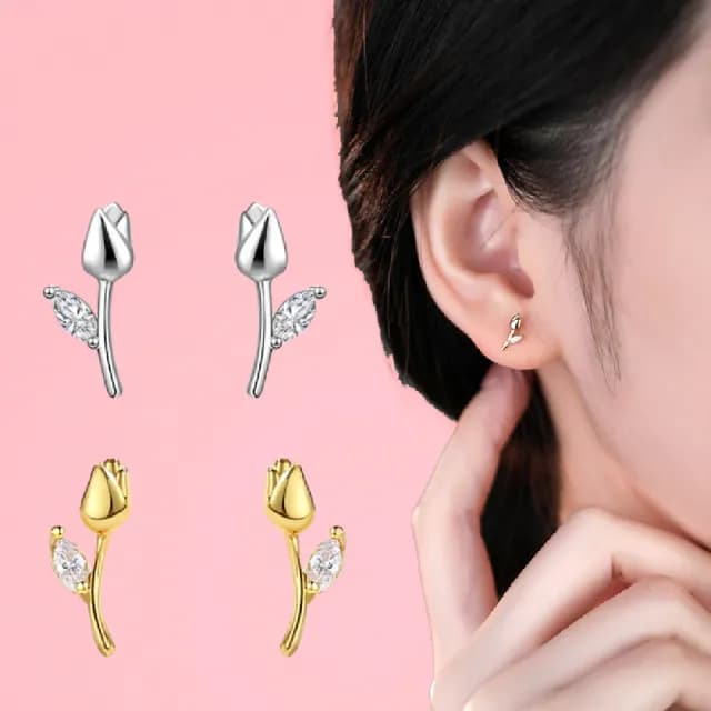 【梨花帶語】韓劇女主感氣質鬱金香耳釘-2對入(925純銀耳針 金 銀 耳環 養耳棒 養耳洞 女 飾品 情人節 禮物)