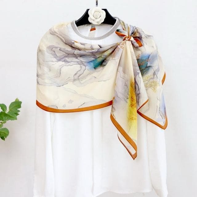 【I.Dear】100%蠶絲彩繪印花絲綢緞真絲圍巾長絲巾(5色)